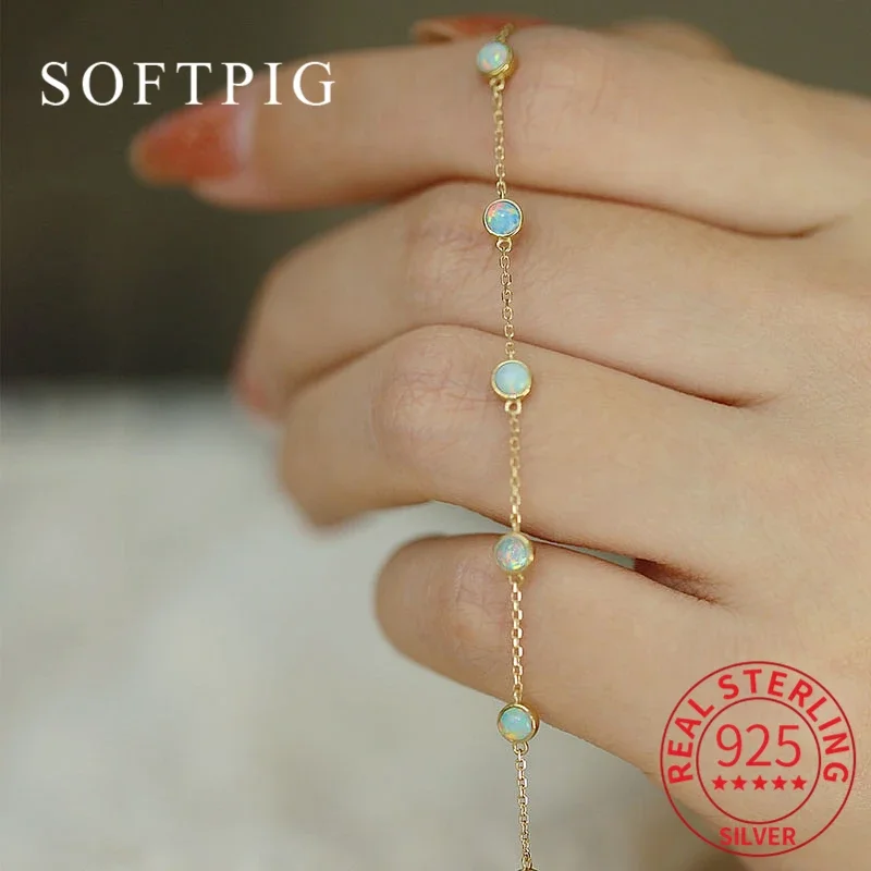 

SOFTPIG Real 925 Sterling Silver Round Opal 18K Gold Chain Bracelet For Fashion Women Party Trendy Fine Jewelry Exquisite Gift