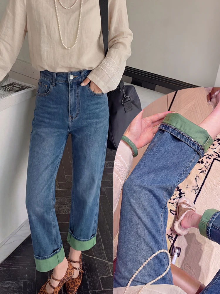 

Женские повседневные джинсы с высокой талией и широкими штанинами, синие, прямого кроя, с отворотами, весенняя новинка, визуально стройнящие