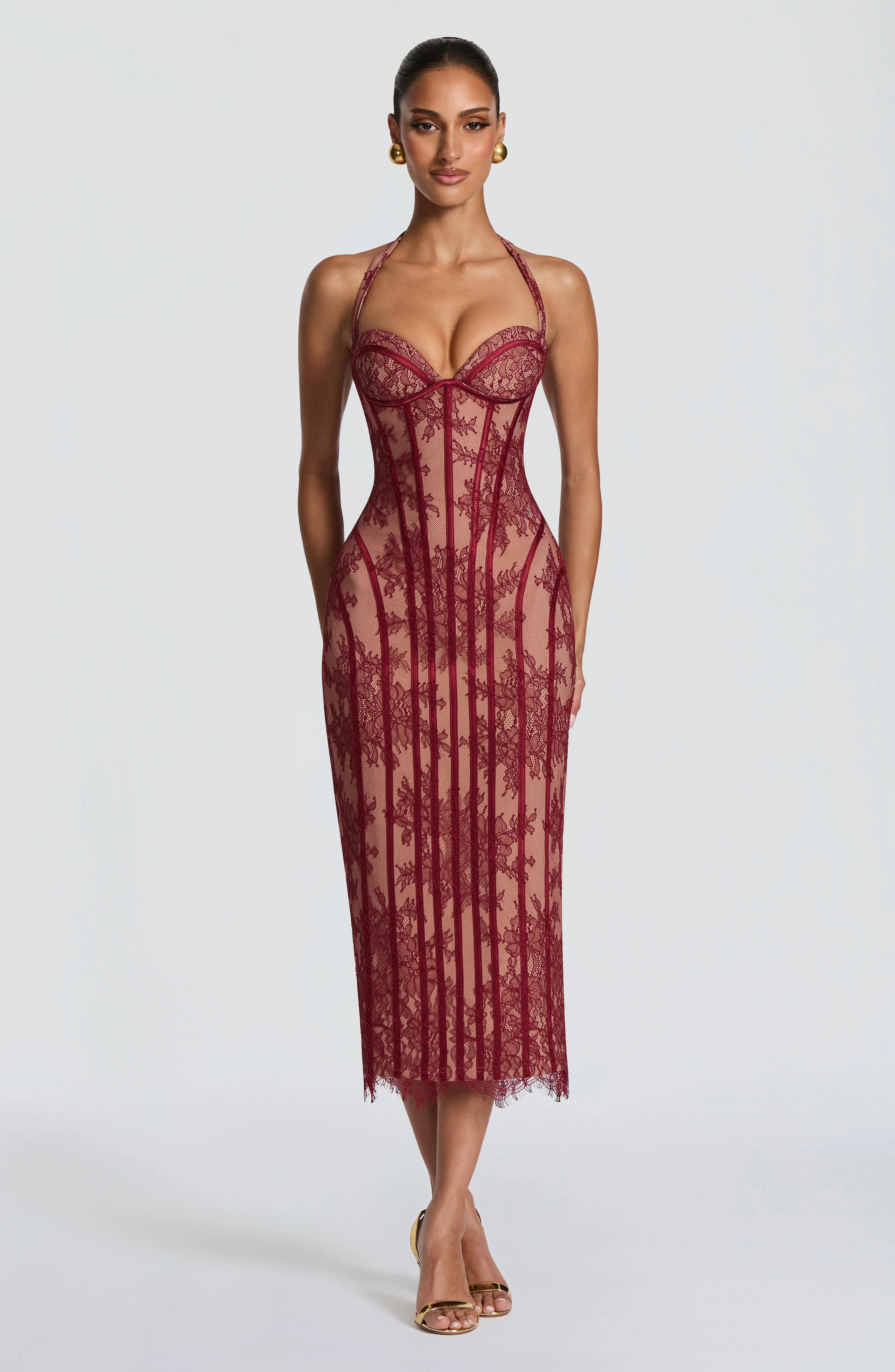 Bodycon Dress Women - Halter Sweetheart Bordo Dantel Midi Elbise