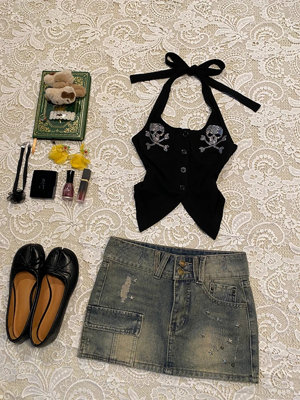 التصميم الأصلي الجمجمة نمط حجر الراين بالتفصيل Bla حزام أعلى المرأة خمر Sle الصيف القطن مزيج تانك الأعلى