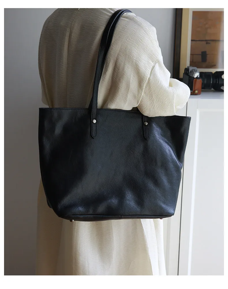 Einkaufstasche für das Wochenende, aus echtem Leder, Damenhandtasche, lässiger Luxus, handgefertigt, aus echtem Rindsleder, Damen-Umhängetasche, schlichte Handtasche. – Detail 6