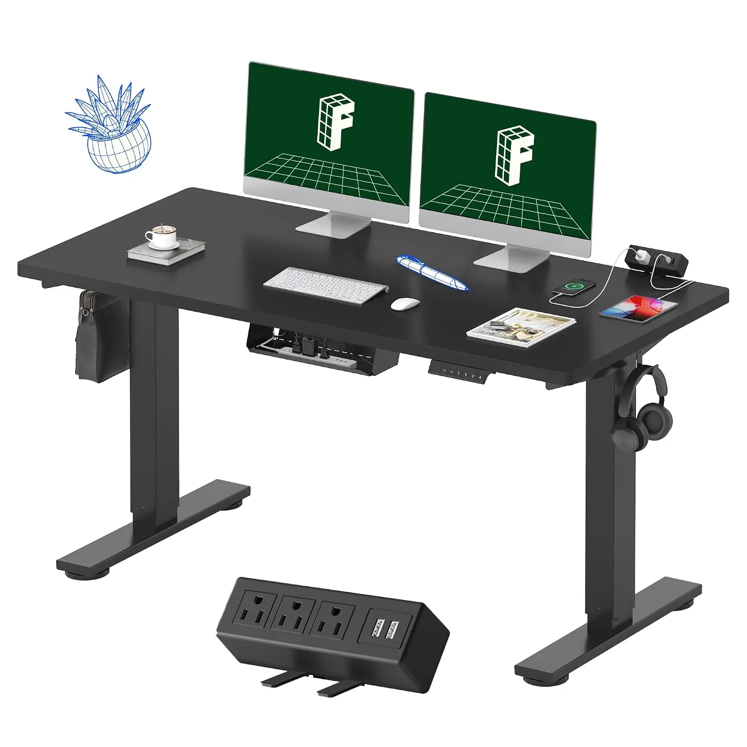 55x28 Inch Electric Standing Desk with Power Strip, Height Adjustable Sit Stand Workstation Home Office, Black, Customized