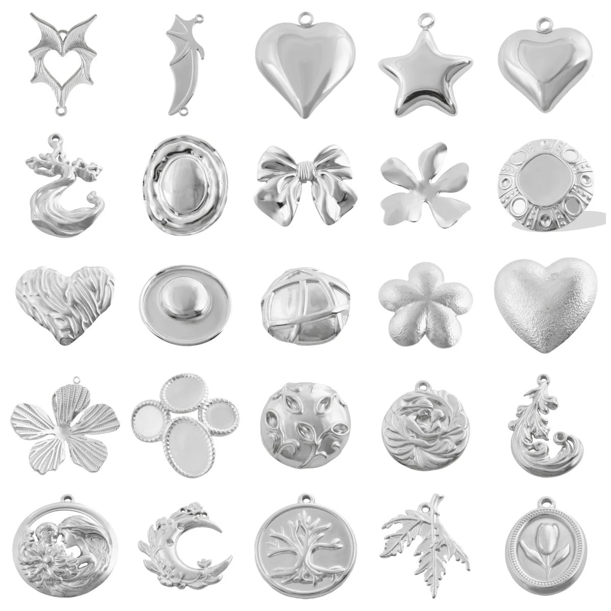 Charm Personality Flower Heart Pendant 10pcs/Lot Steel Color No Fade Unisex Handmade Crafts Various Style Diy Necklace Bracelet