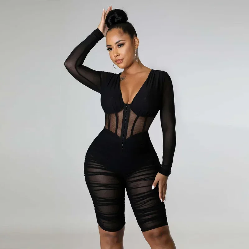 KEXU Mesh See Though Patchwork Ruched Stacked Rompers Women Zipper Fly V-neck Long Sleeve Knee Length Jumpsuit