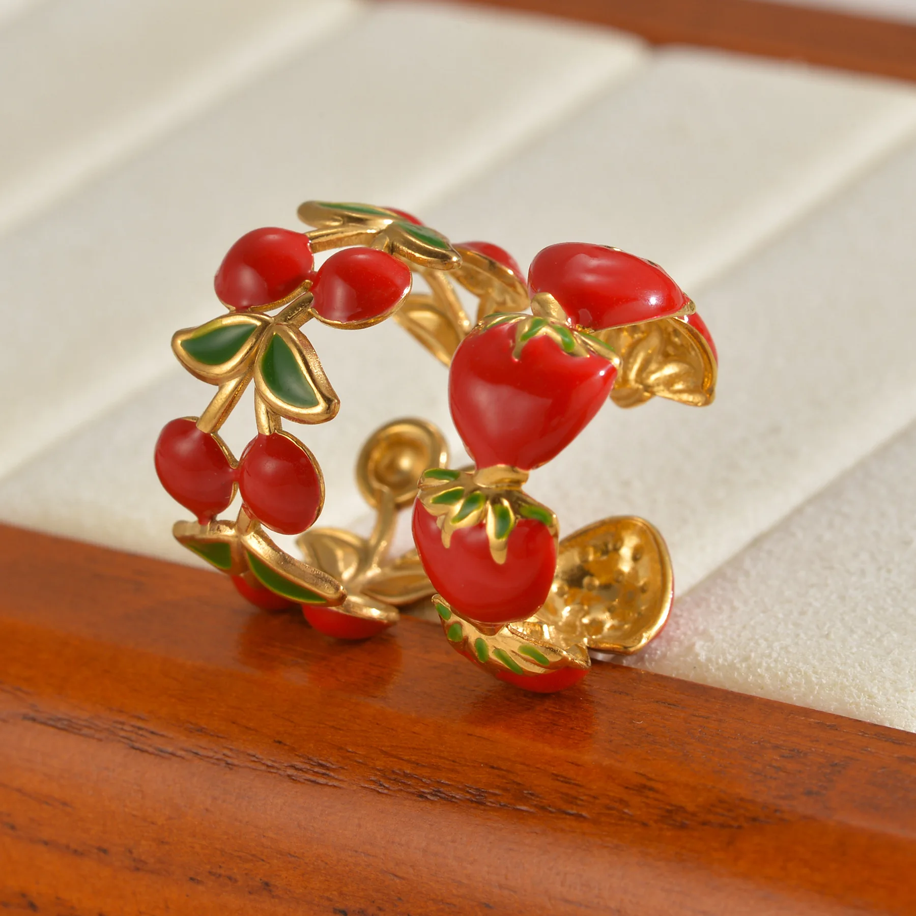 Kissmoon Fashion Stainless Steel Oil Dripping Fruit Strawberry Cherry Exquisite Open Ring for Women Party Brithday Jewelry Gifts