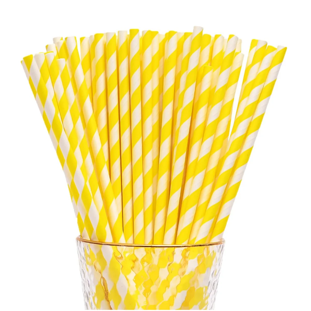 Yellow Stripes Paper Straws - Disposable Drinking Yellow White Straws - For Cake Pops in Birthday, Anniversary, Party Decor