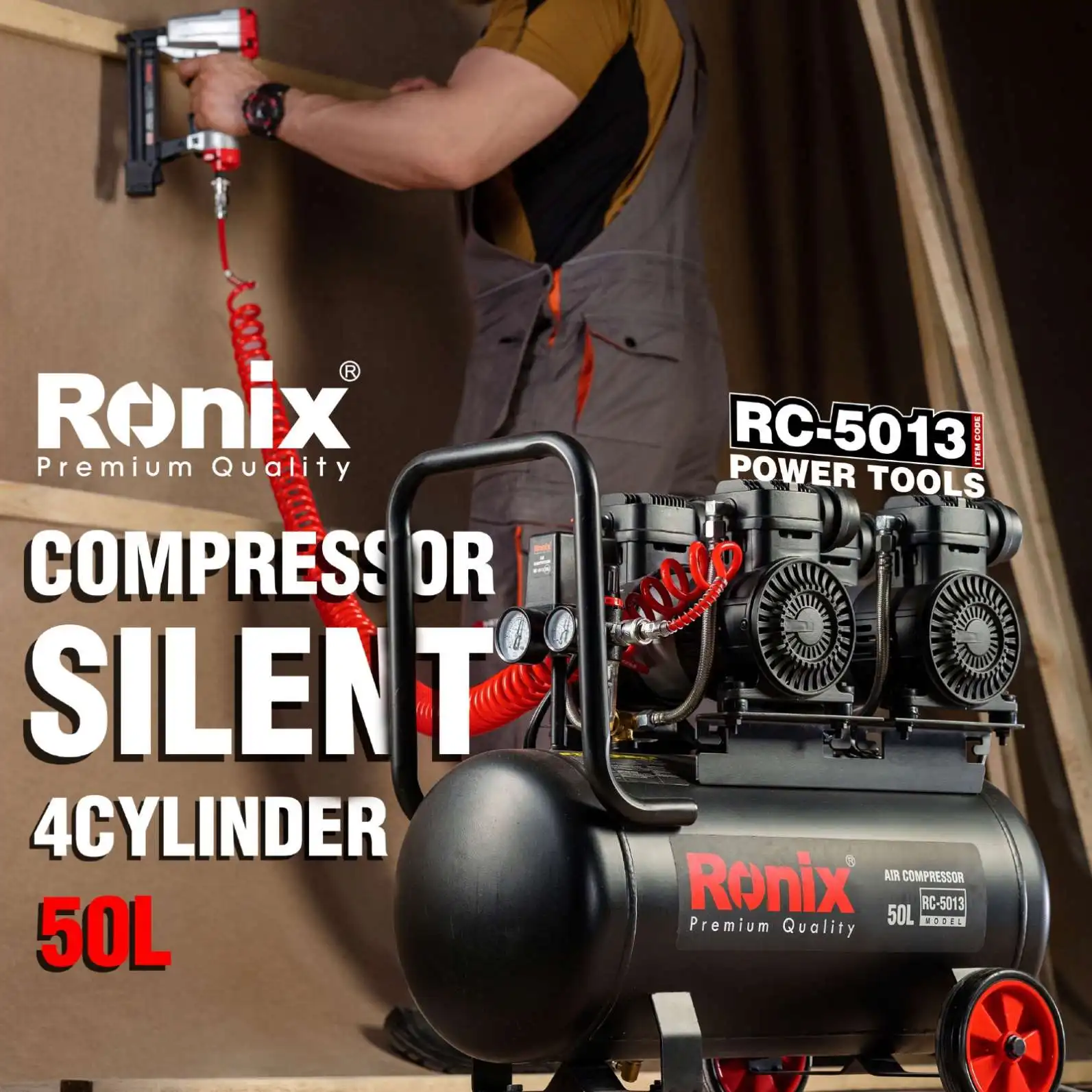 Ronix Model RC-5013 220V 50Hz Portable Silent Air Compressor 3.4Hp 50L Painting Spray Oill-Free Air Compressor