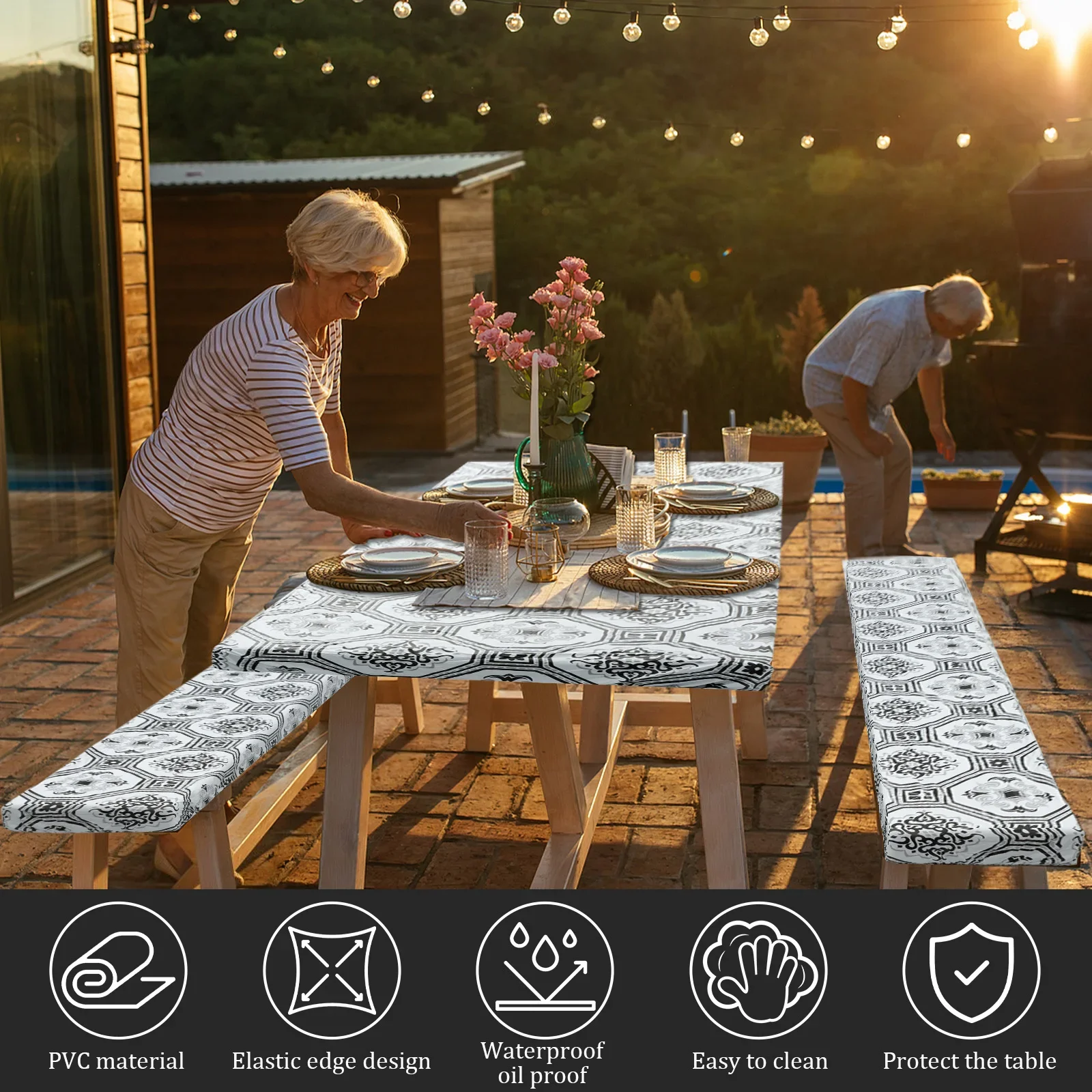 Tablecloth Bench Cover PVC Waterproof Camping Tablecloth Kit With Elastic Edge Picnic Table Cover Decoration for Outdoor Garden