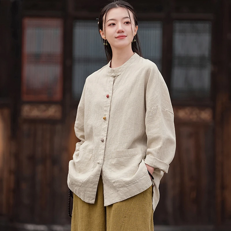 

Женская хлопково-льняная рубашка в китайском стиле, новинка 2025, весенняя винтажная однотонная свободная женская повседневная рубашка с воротником-стойкой, M1096