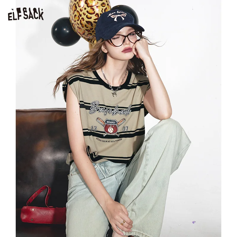 

ELFSACK 2024 Summer New Arrivals Striped printed American sleeveless T-shirt for women retro design vest top