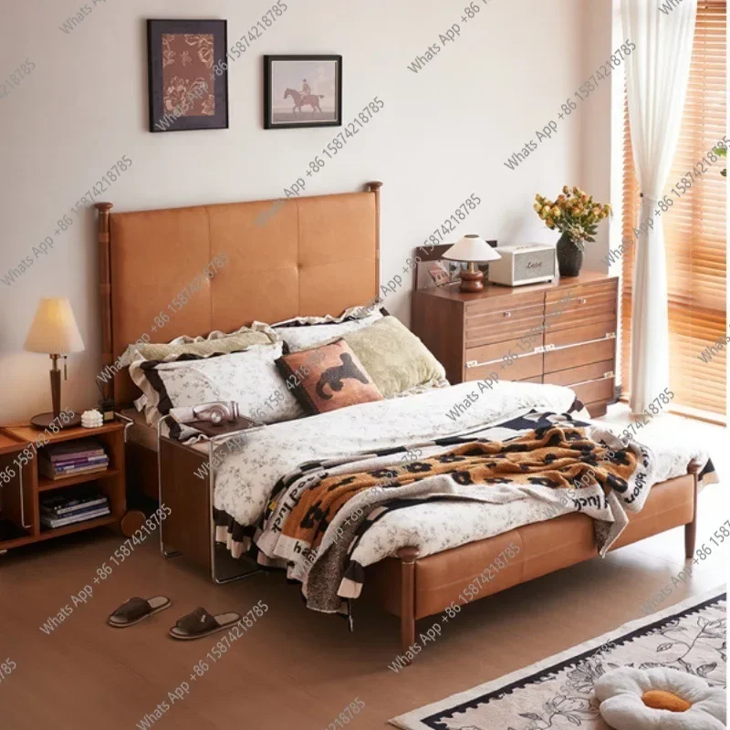 

Z-J Medieval Style Solid Wood Bed, First Layer Cowhide Bed, Master And Second Bedroom, American Double Bed, Retro Style 1.8M Pla