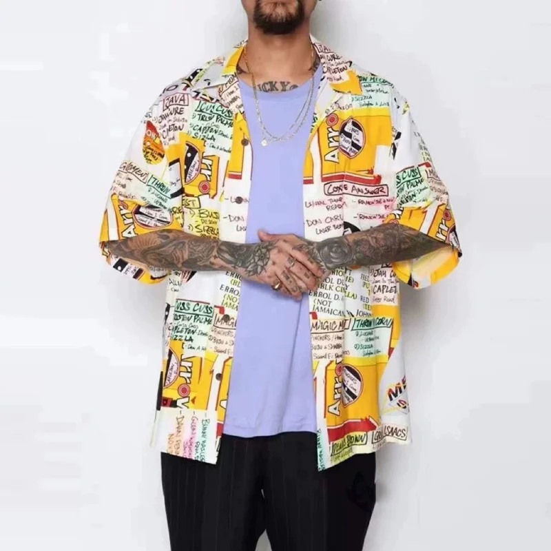 

WACKO MARIA Yellow Newspaper Full Print Summer Brand Short Sleeve Shirt Trendy Holiday Clothing