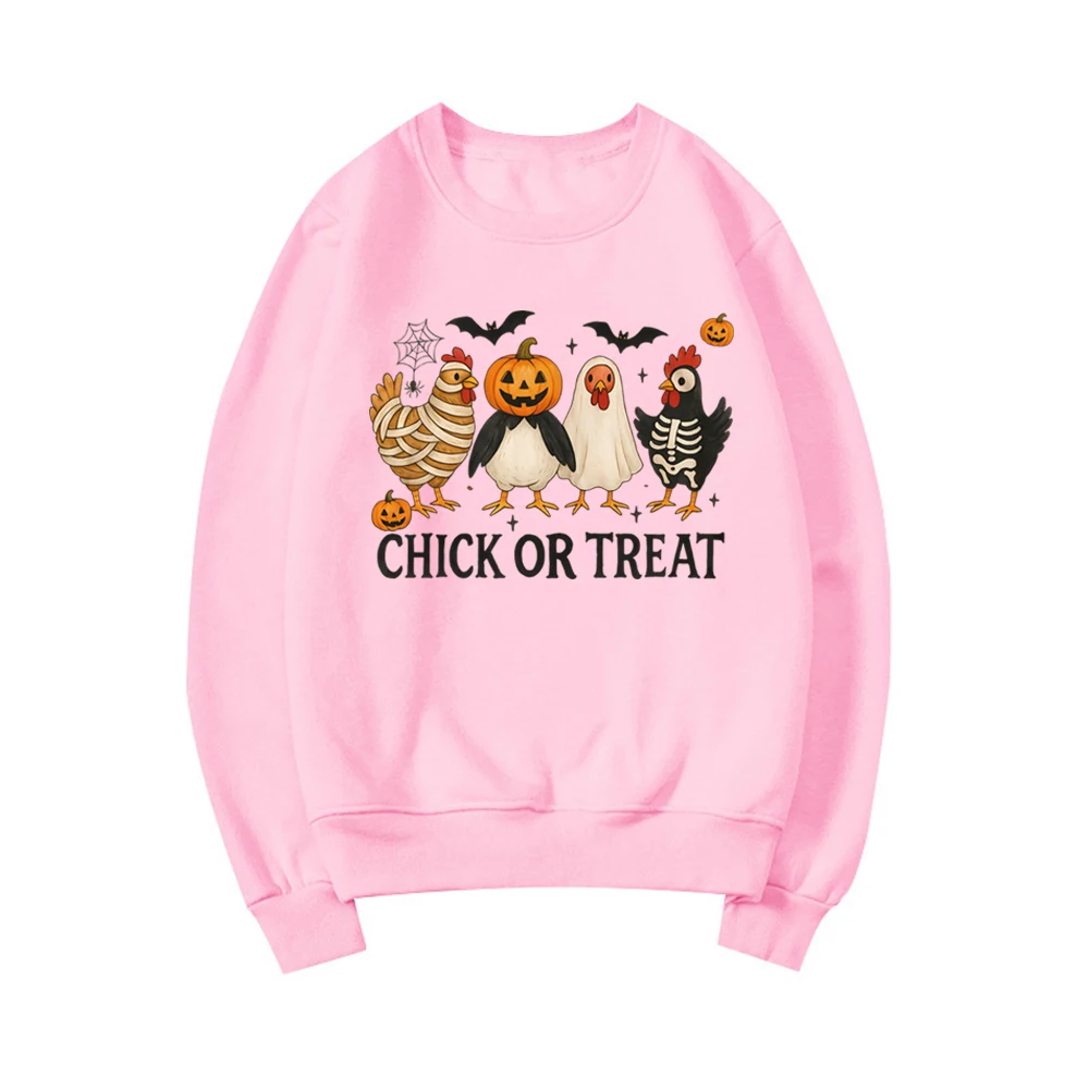 Chick or Treat Sweatshirt Spooky Chicken Halloween Sweater Long Sleeve Women's Sweatshirts Funny Halloween Chicken Hoodie Tops