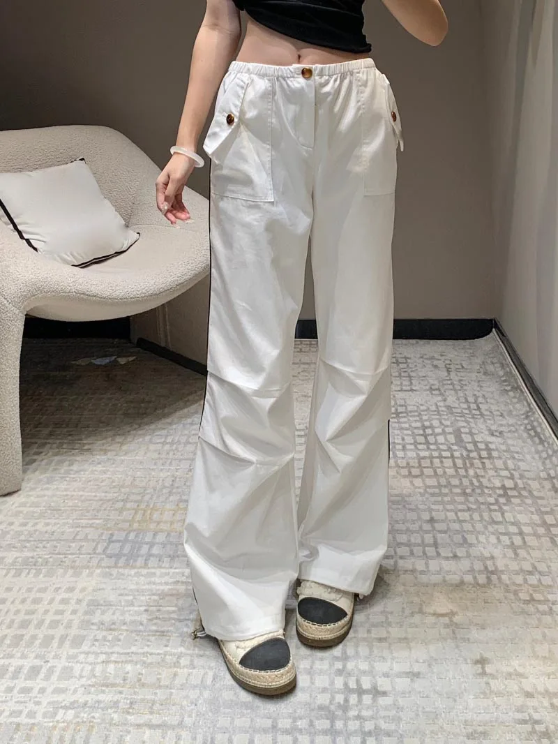 2024 Spring/Summer New Women's Parachute Pants Wide Leg Edition Comfortable, Breathable, Cool, Metal Buckle Low Waist Work Pants