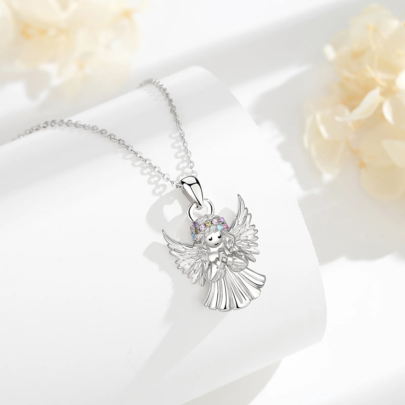 Eudora 925 Sterling Silver Angel Necklace for Women Colorful Zircon Praying Angel Elegant Pendant Religious Jewelry Fine Gift