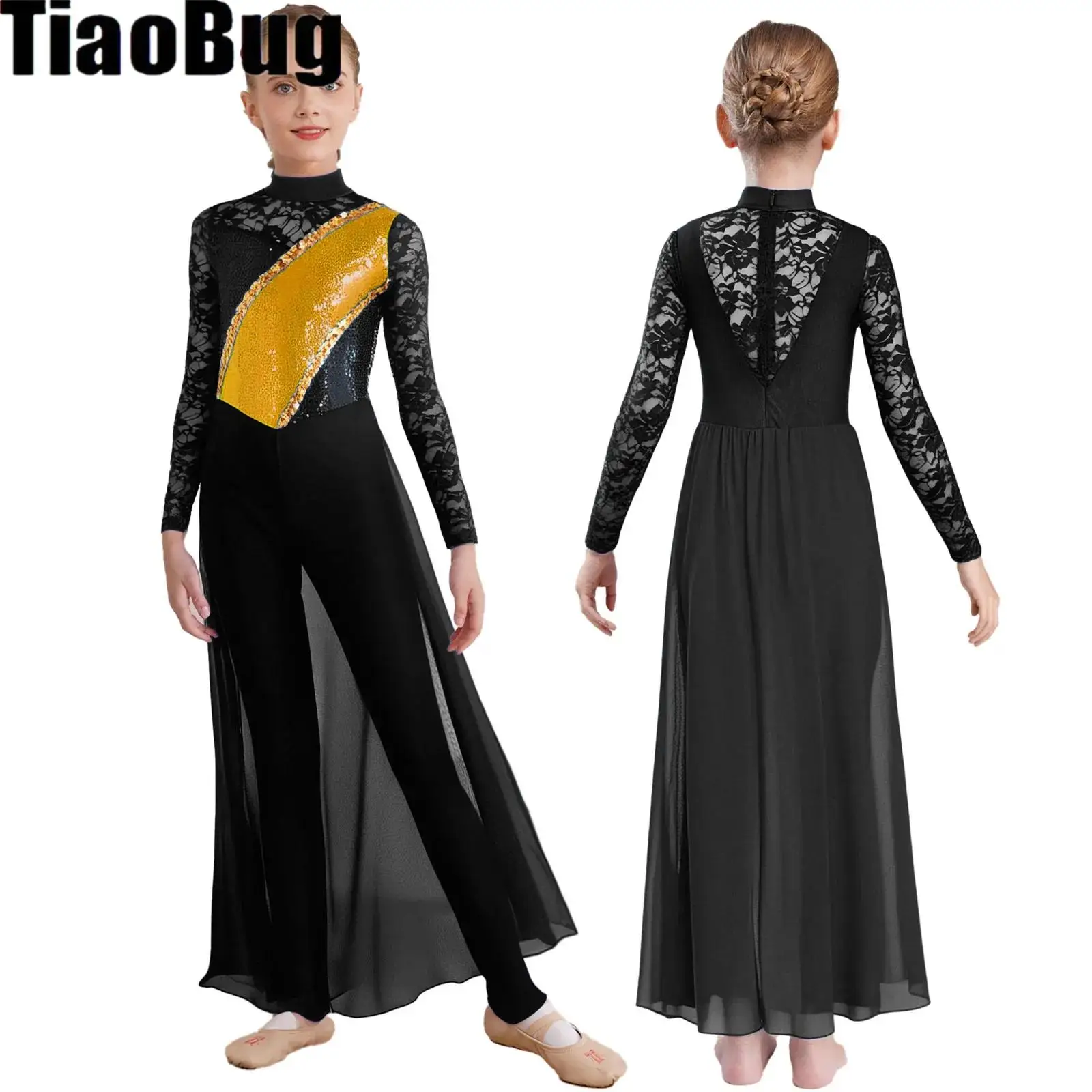 

Girls Gymnastics Figure Skating Jumpsuit Sheer Floral Lace Leotard Dress Long Sleeve Sequin Chiffon Skirted Tank Unitard Romper