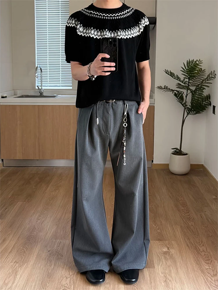 

American Retro ey Curved Knife Men's Summer Thin Folded A-Line Wide Leg Pants Commuting Casual Pants Loose Straight Leg Pants