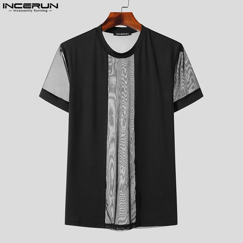 INCERUN Men T Shirt Mesh Patchwork O-neck Short Sleeve See Through Sexy Camisetas Streetwear 2024 Fashion Men Clothing S-5XL