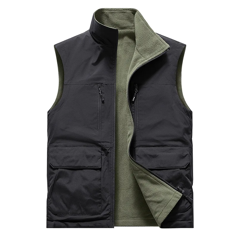 Reversible Sleeveless Jacket Men's Vest Coat Winter Waistcoat Thick Warm Fleece Workwear Tops Cargo Vest Windbreaker New Fashion