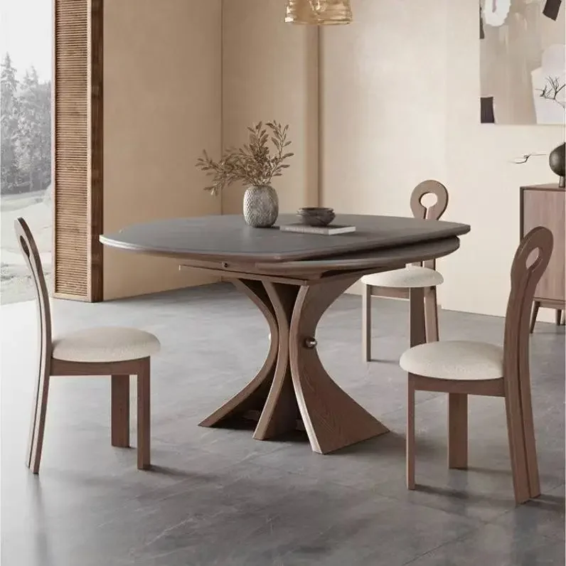 Cream wind rotating rock slab dining table and chair combination telescopic medium and small apartment restaurant dining table