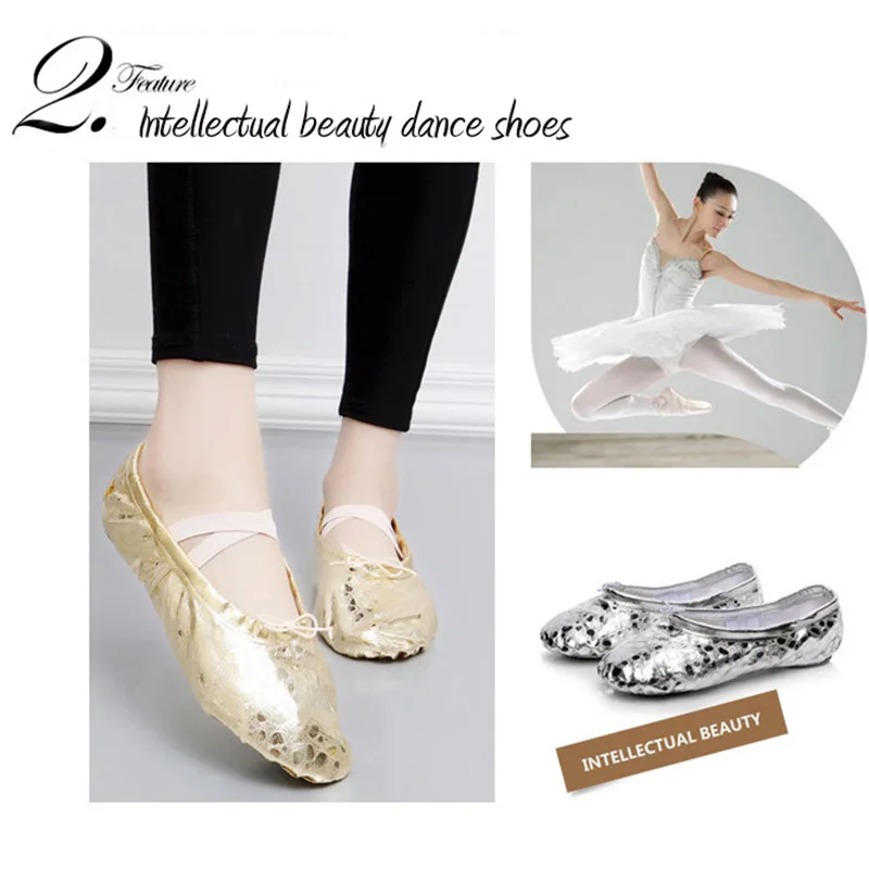 USHINE professional silver golden PU yoga belly dance shoes performance soft sole gym ballet dance shoes children girls woman