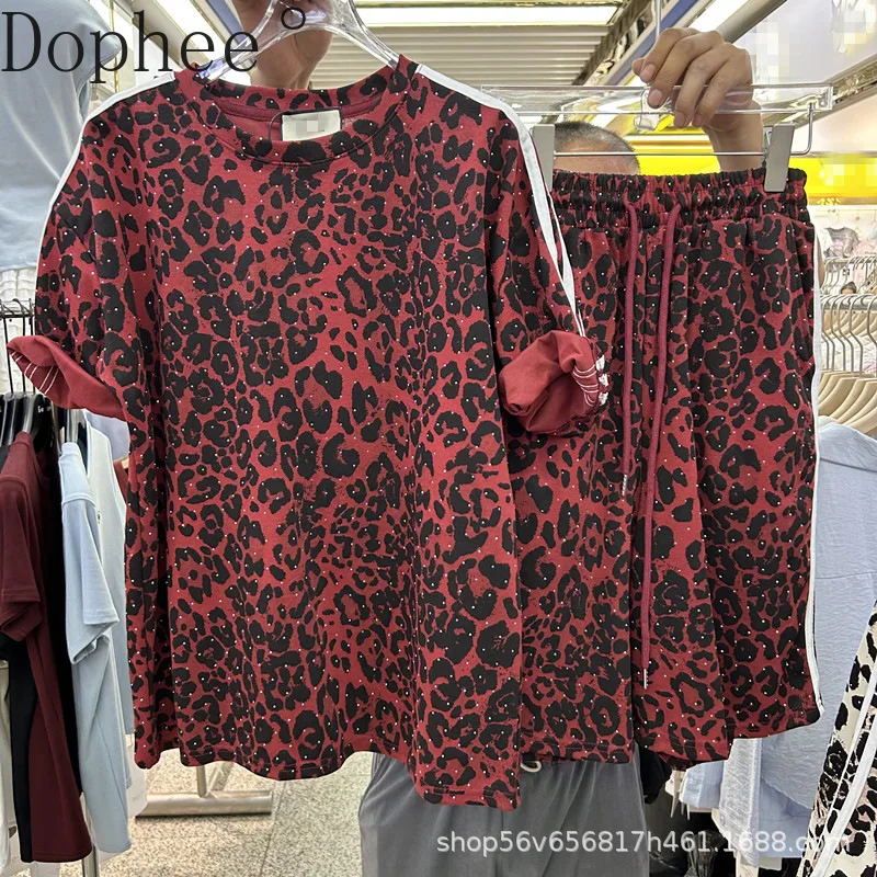 

New Summer Women Two-piece Set Hot Drilling Leopard Loose Short Sleeve T-shirt Top + Elastic Waist Casual Wide Leg Shorts Suits