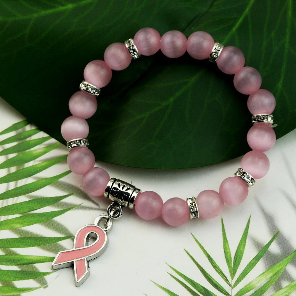 Natural Pink Quartz Bracelet Breast Cancer Awareness Pink Ribbon Pendant Charm Bracelets For Women Bangles Fashion Cute Jewelry