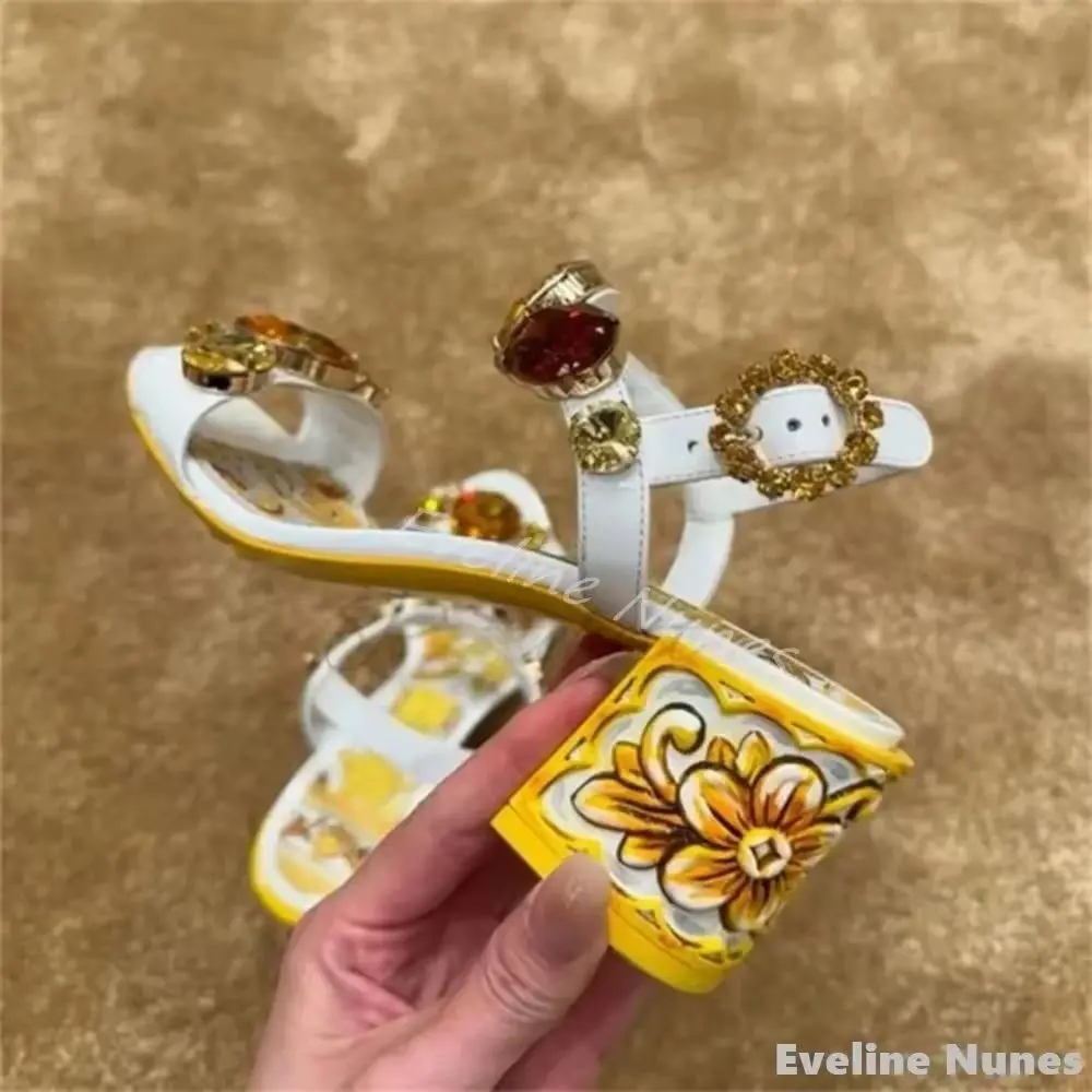 Luxurious Gemstone Painted Sandals Women Round Toe Chunky Heel Party Sandals 2025 New 6/10Cm High Heels Beach Vacation Sandals