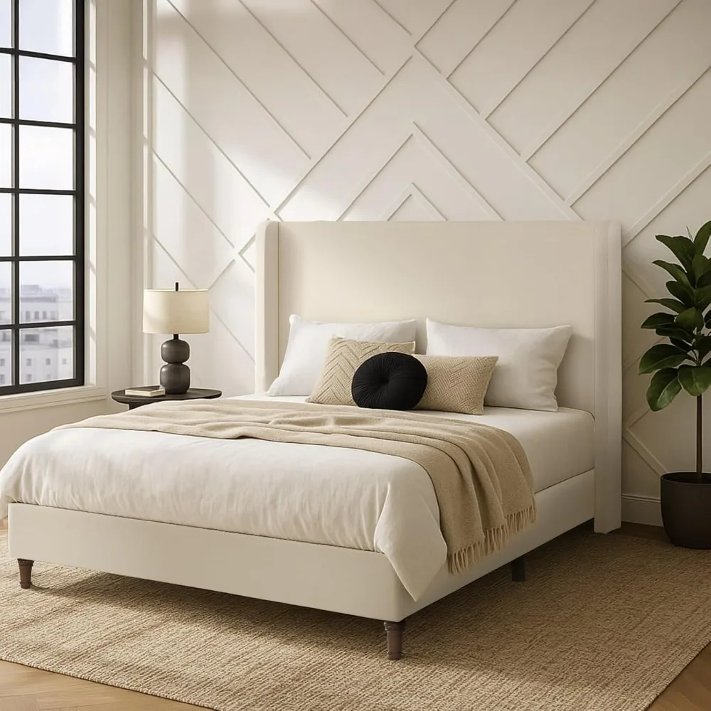 King Size Upholstered Bed Frame with 54 Inch Wingback Headboard Boucle Fabric Modern Platform Design No Box Spring Required No S