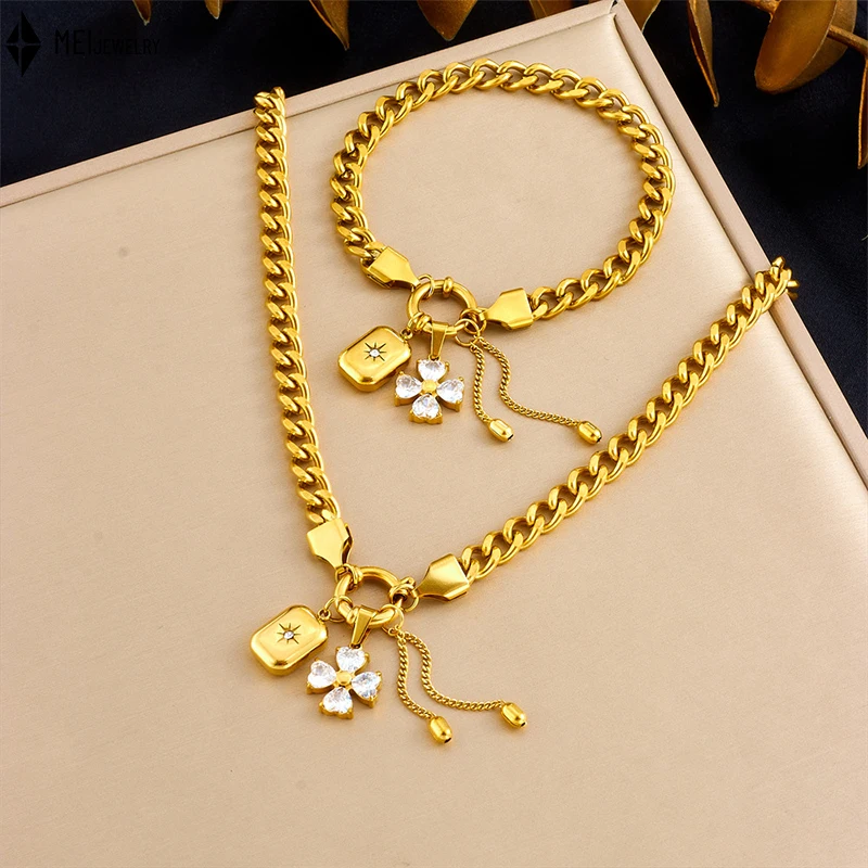 

Модный сладкий крутой кубический цирконий, инкрустированный цветок, звезда, квадратный кулон, цепочка с кисточками, комплект ювелирных изделий из нержавеющей стали ﻿