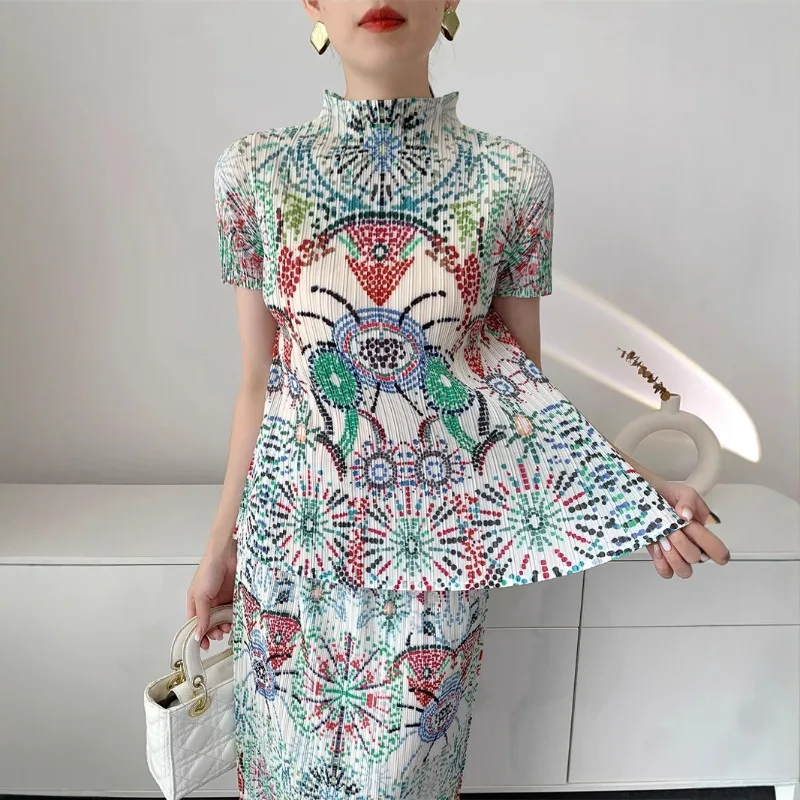 مياكي جديد تي شيرت مطبوعة مطوي نصف تنورة سترة دون أكمام فستان حجم كبير بنطال ذو قصة أرجل واسعة سترة بلايز جاكيتات معاطف نسائية