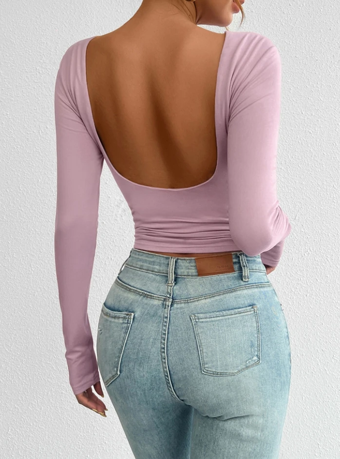 

Women's Sexy T-Shirt 2024 Autumn Winter Latest Y2K Slim Fit Round Neck Knitted Long Sleeved Top Solid Color Backless Pullover