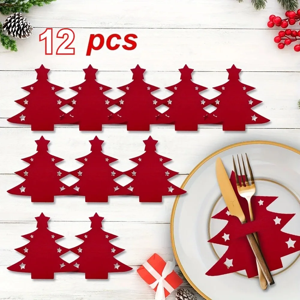 12pcs, Christmas Tree Placemats, Felt Fork and Spoon Bag Set, Suitable for Christmas and Other Holiday Party Table Decoration