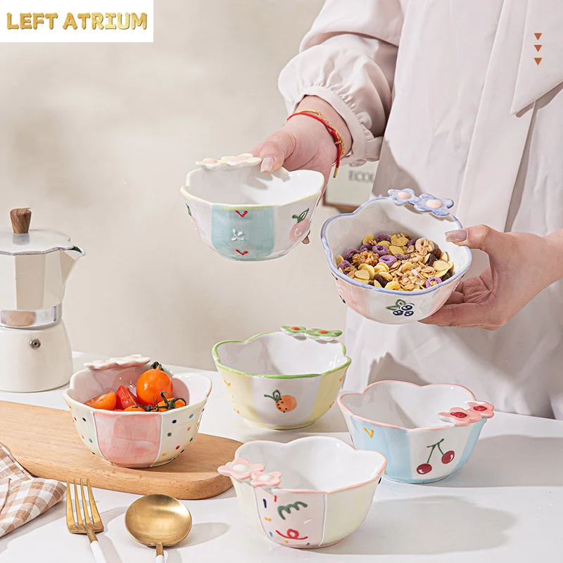 

Cute Floral Pattern Ceramic Bowls 3d Relief Flower Oatmeal Bowls Casual Homeware Rice Bowl Single-Dining Salad Tableware