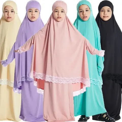 Muslim Kids Girls Hijab Dress Ramadan Khimar Skirts Sets Overhead Eid Prayer Garment  Burqa Abaya Robe Kaftan Hooded Gowns