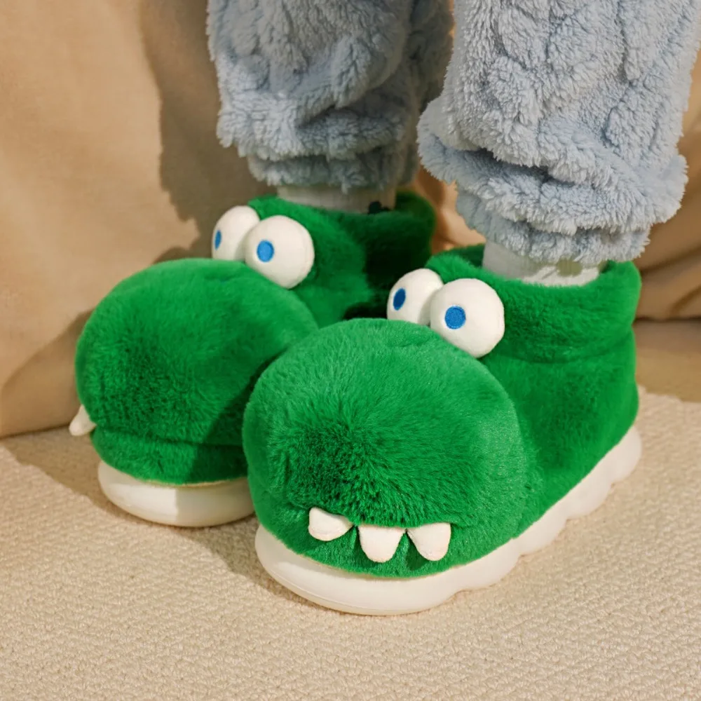 Soft Crocodile Dinosaur Plush Slippers Green Anti Slip Platform Flat Slippers Cartoon Cute Thicken Warm Slippers Winter