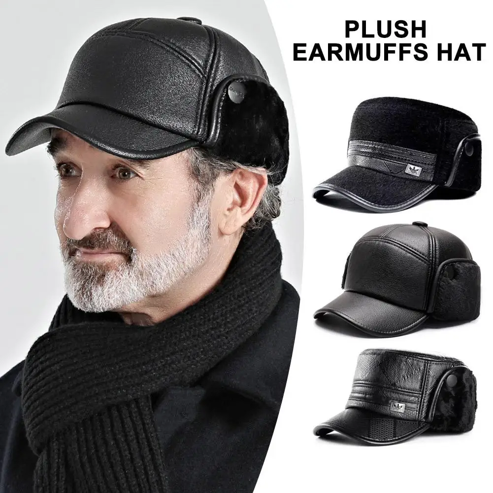 2026New PU Leather Winter Men's New Padded Warm Dad Old Man Leather Cap Middle-aged Windproof Ear Protection Duck Tongue Cap