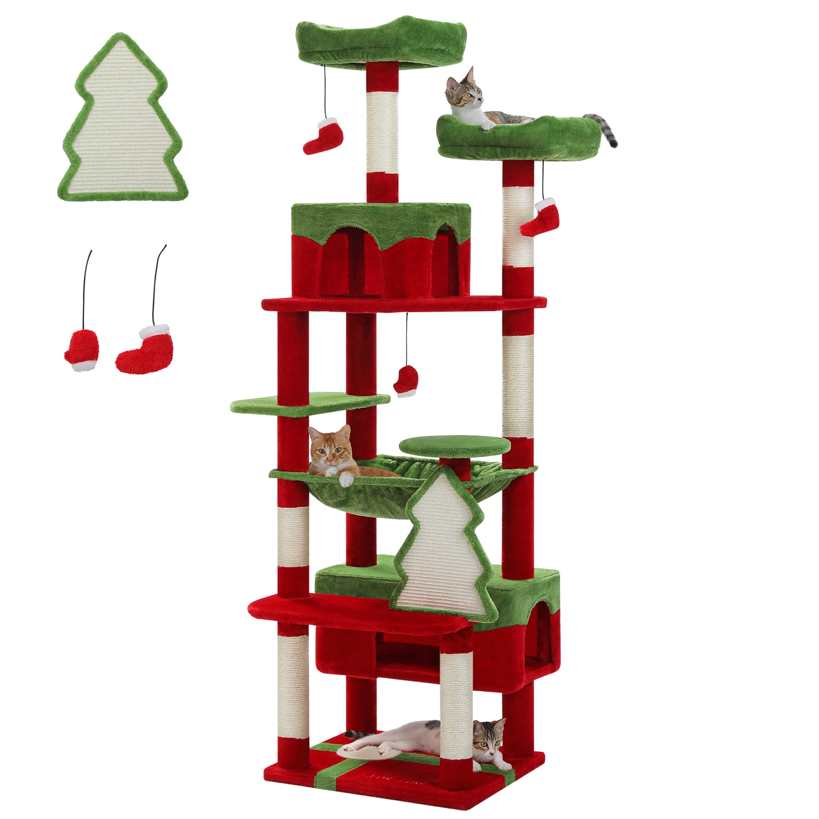 Weihnachts-Katzenbaumturm mit rot-grünem Eigentumswohnung, mehrstufiger Katzenturm mit Sisal-Kratzbäumen, Katzenmöbel für Hauskatzen – Detail 18