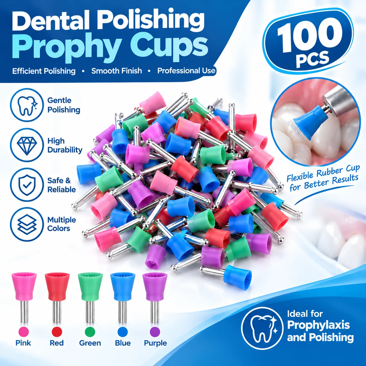 50/100pcs Dental Polishing Cup Tooth Polish Colorful Rubber Brush Polisher Prophy for Low Speed Handpiece Dentistry Lab Material