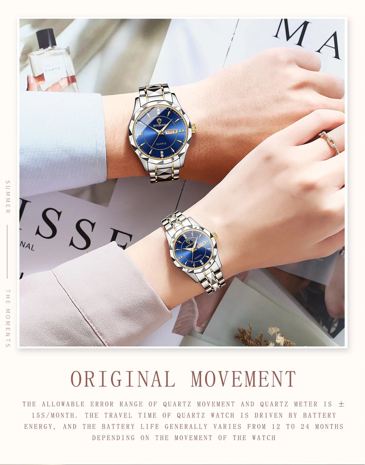 BINBOND Luxus-Quarz-Armbanduhren für Damen, leuchtend, wasserdicht, Wochenanzeige, automatisches Datum, Damenuhren, modisch, lässig, Reloj – Detail 8