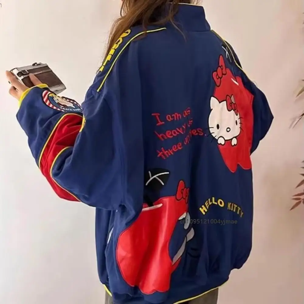 여성용 만화 헬로 키티 자수 자켓 Sanrio 한국어 버전 스타일 패션 트렌드 자켓 여성 느슨한 통근 블루 코트