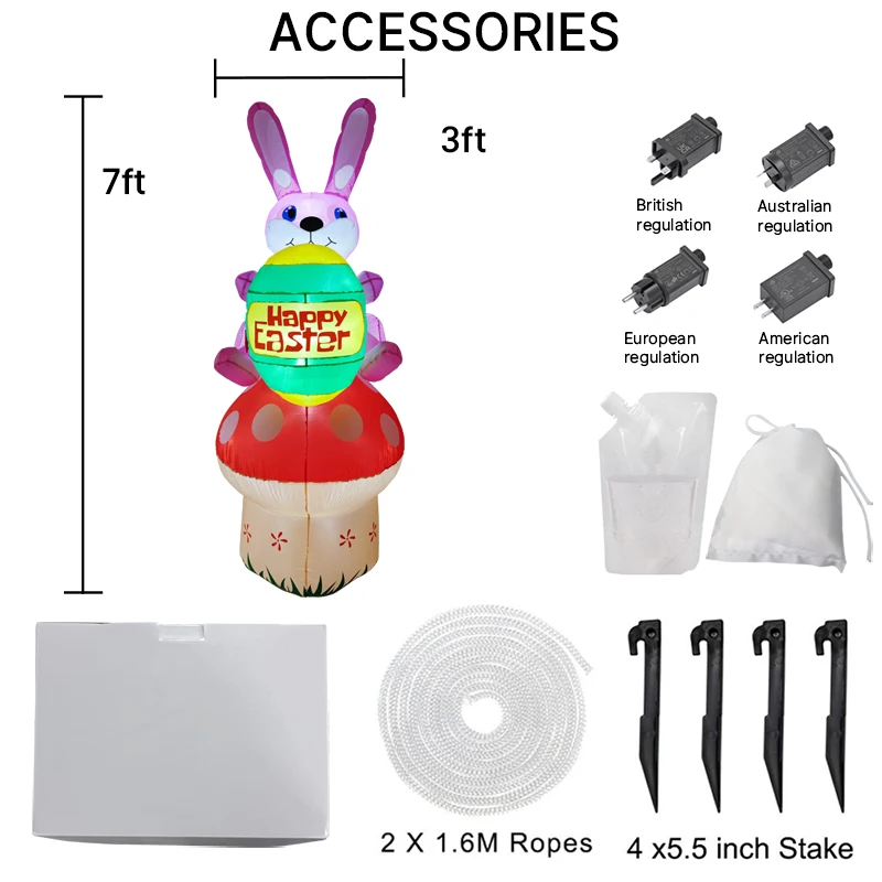2.1m/7FT Easter Party Decorations Rabbit Sit on Mushroom Inflatable Built in LED Lights Indoor Outdoor Courtyard Props Ornament
