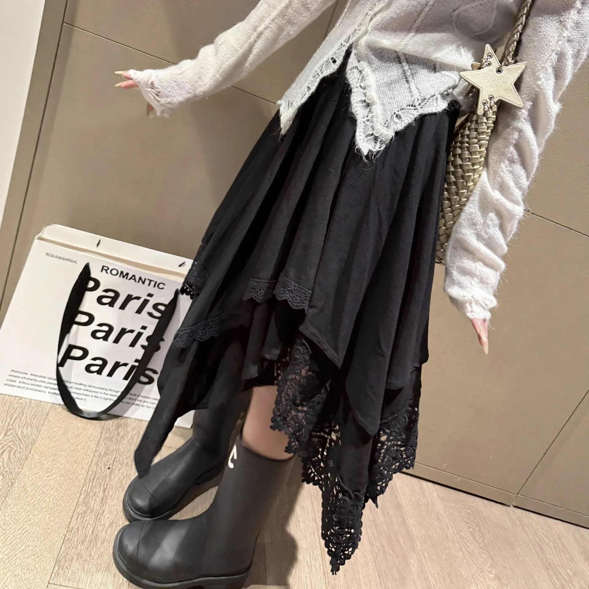 

French High-End Heavyweight Water-Soluble Lace Patchwork Design Asymmetrical A- Line Midi Skirt Half-length Skirt