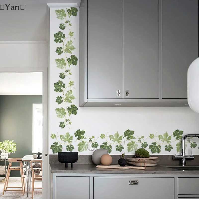 Stiker Dinding Tanaman Rambat Daun Hijau PVC Stiker Dapat Dilepas Berperekat Mural Stiker Dinding Kamar Tidur Anak-anak