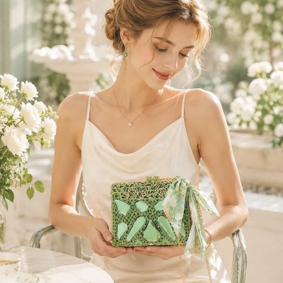 green box clutch bag heavy industry diamond-encrusted metal frame wedding bridesmaid messenger women's bag