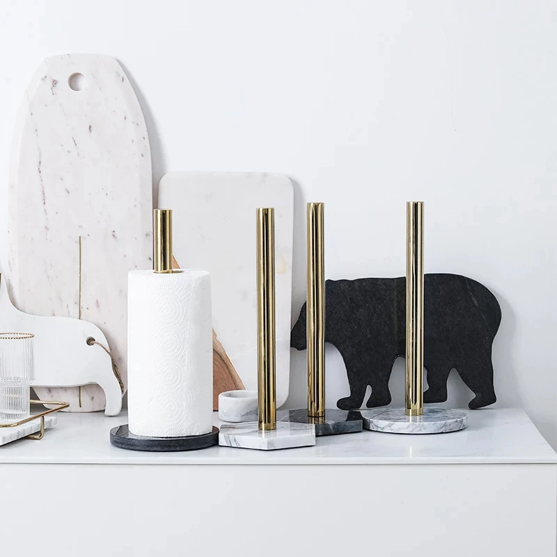 Gold Paper Stand with Marble Base Vertical Paper Towel Rack Modern Paper Towel Holder Roll Toilet Countertop Kitchen B