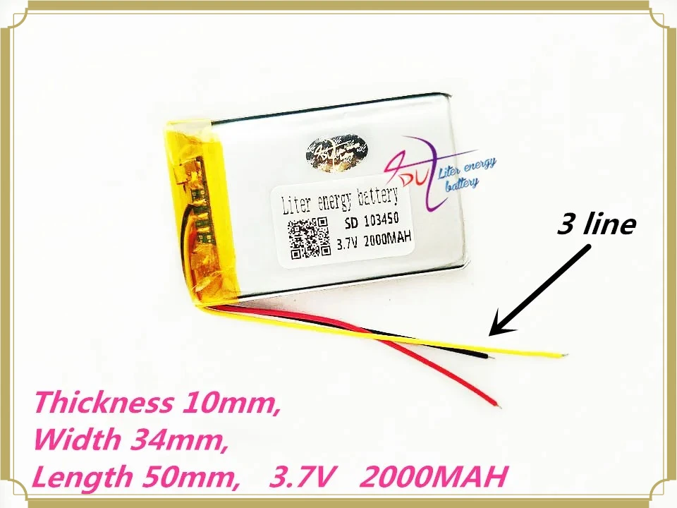 3 wires 103450 3.7V 2000MAH lipo polymer lithium rechargeable battery for MP3 GPS navigator DVD recorder headset e-book camera