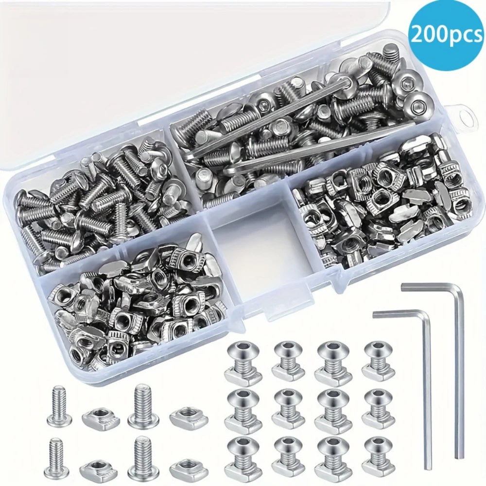 200PCS T-type Nuts 304 Stainless Steel Round Head Hexagon Socket Bolts M4 M5 Nuts +2 Wrenches Screw and Nuts Sets Fasteners