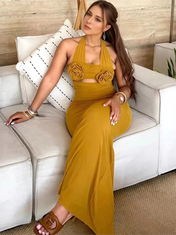 Neck Halter Dress Vestidos Dresses 2025 Woman Slim Vacation Flower Solid Color All-match Elegant Temperament Hollow Out Holiday