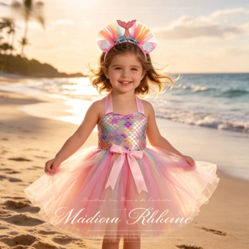 Pink Girls' Mermaid Tulle Tutu Dress,  Elegant Kids' Ocean-Themed Dress,  Toddler Clothes for Pool Parties and Runway Shows